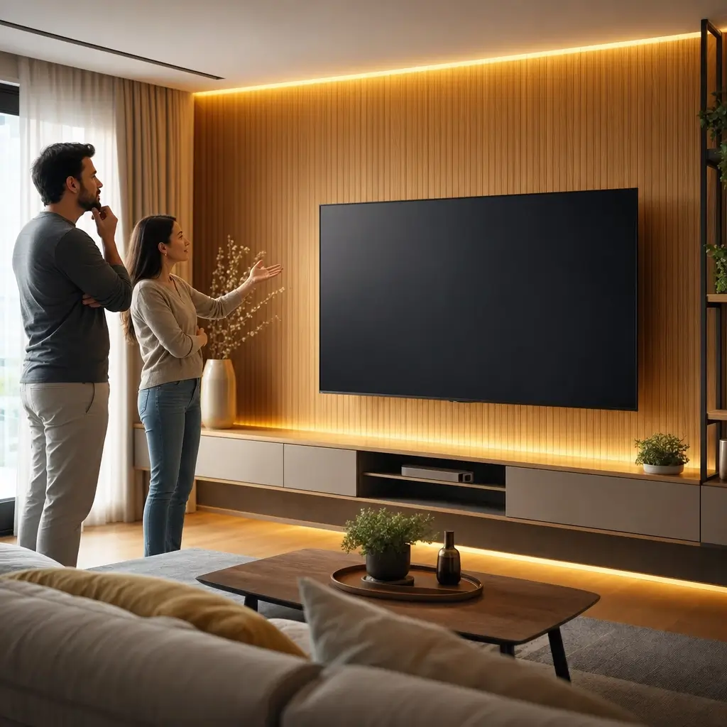Painel de TV: como escolher o tamanho certo, casal olhando TV em painel ripado com LED