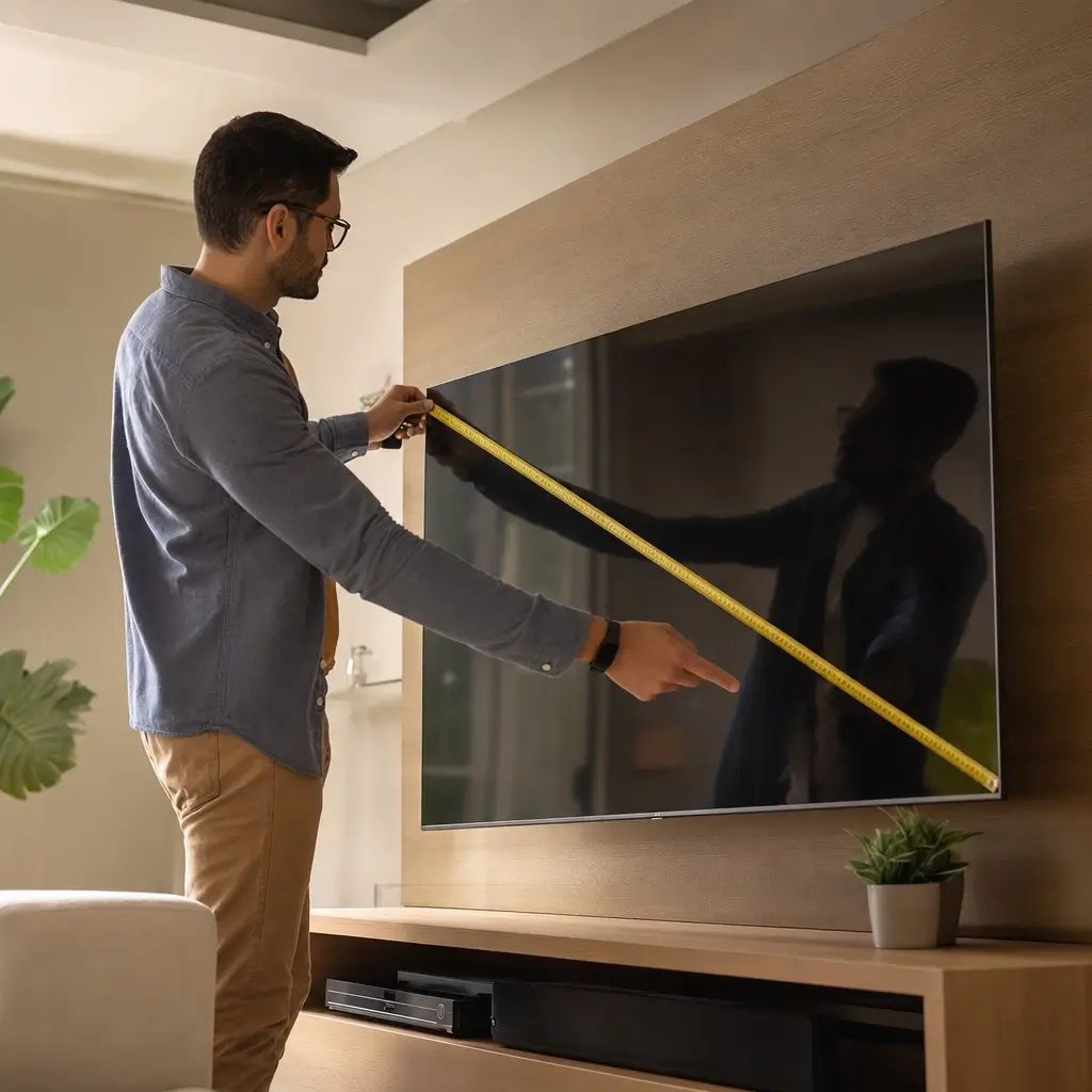 Painel de TV: como escolher o tamanho certo, homem medindo TV com fita métrica