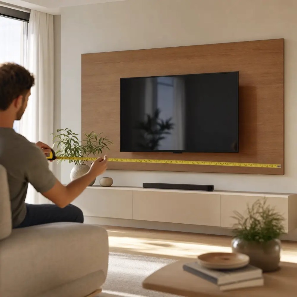 Painel de TV: como escolher o tamanho certo, homem medindo painel com trena