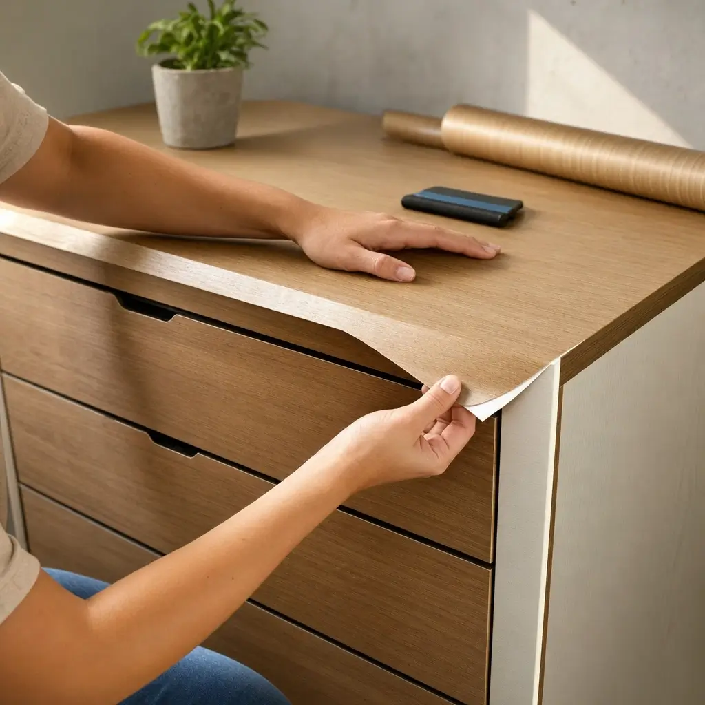 Papel contact em móveis: como aplicar sem bolhas, mãos colando contact em cômoda com gavetas