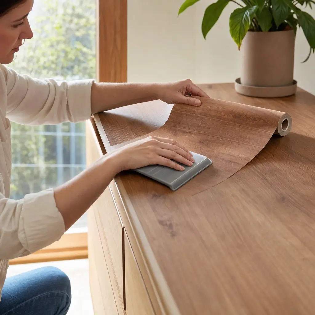Papel contact em móveis: como aplicar sem bolhas, pessoa alisando contact amadeirado com espátula em cômoda