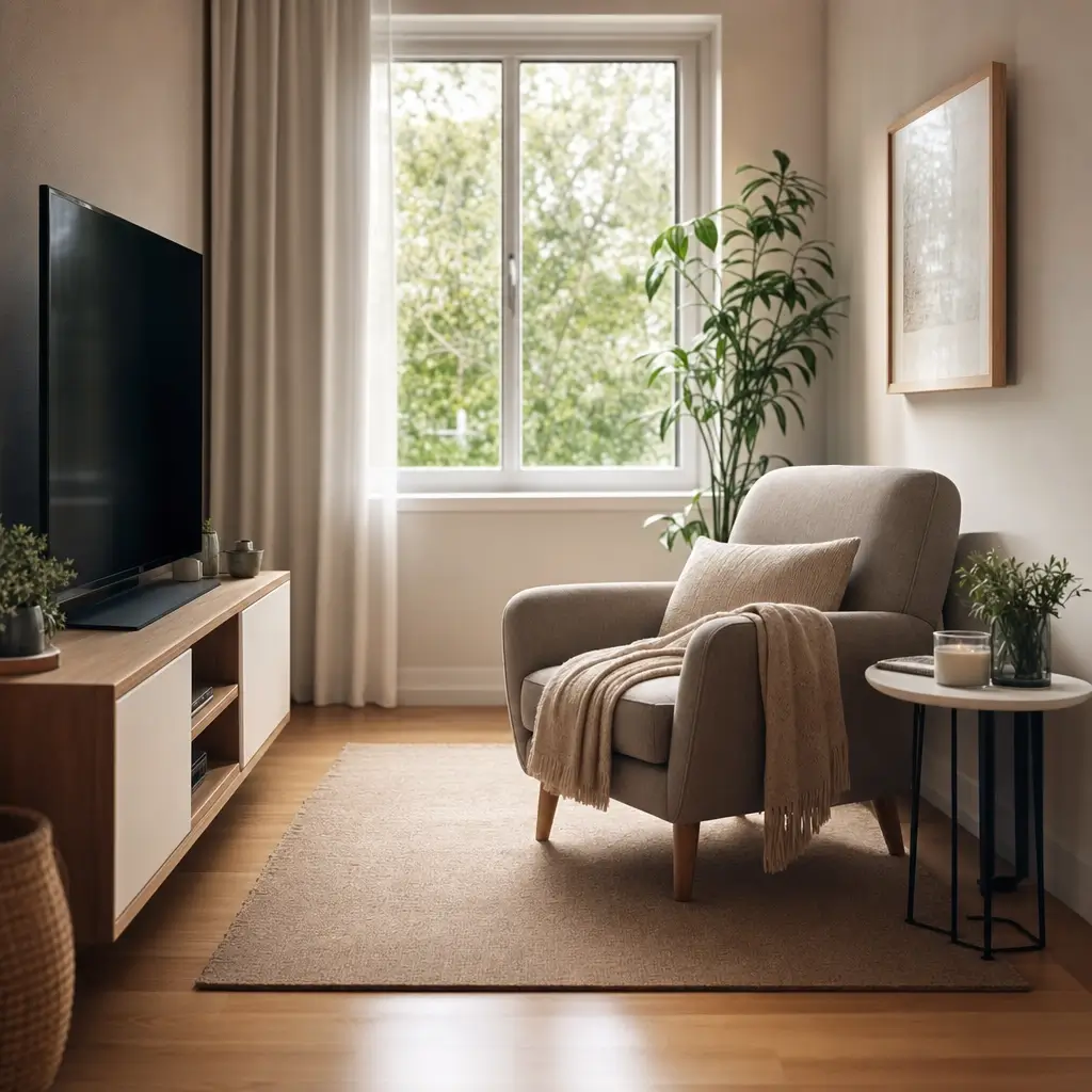 Poltrona para sala pequena: como escolher o tamanho, poltrona bege com manta e TV no rack