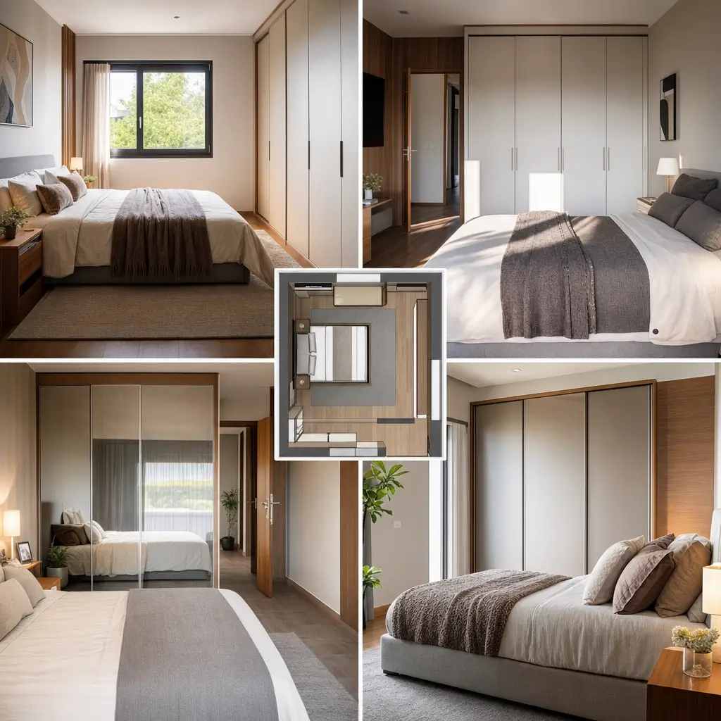 Posicionar cama e guarda-roupa no quarto: 4 layouts práticos, montagem com 4 quartos com cama de casal, guarda-roupa alto e planta superior do layout