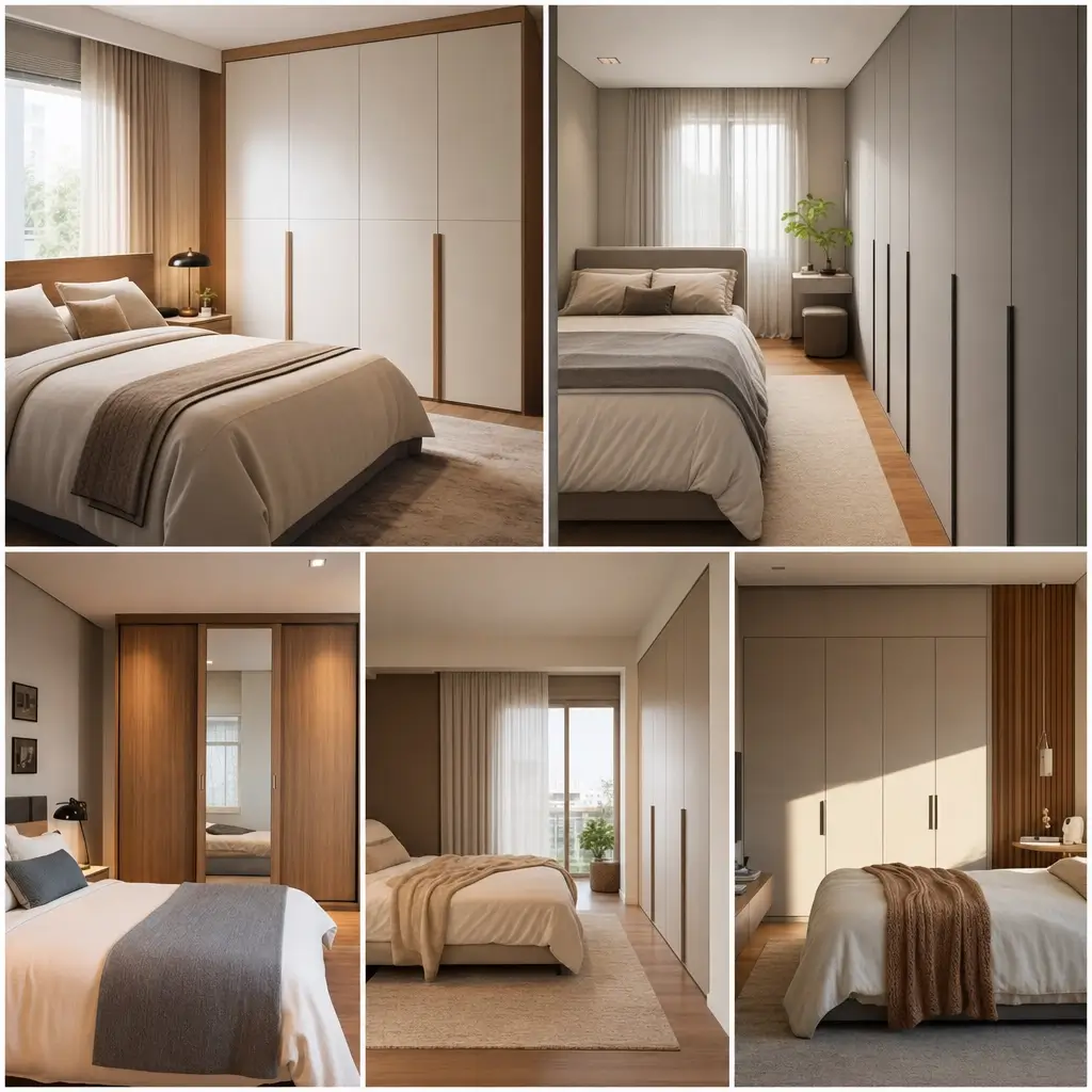 Posicionar cama e guarda-roupa no quarto: 4 layouts práticos, montagem com 5 variações de cama de casal e guarda-roupa grande
