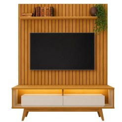 Rack Com Painel Roma 180cm Com Prateleira E Led 2 Gavetas Ripado Rv Moveis Cinamomo Off White 14921