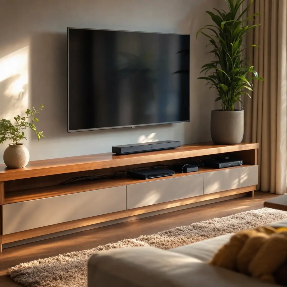 Rack para TV: como escolher o tamanho certo, TV na parede e rack de madeira baixo