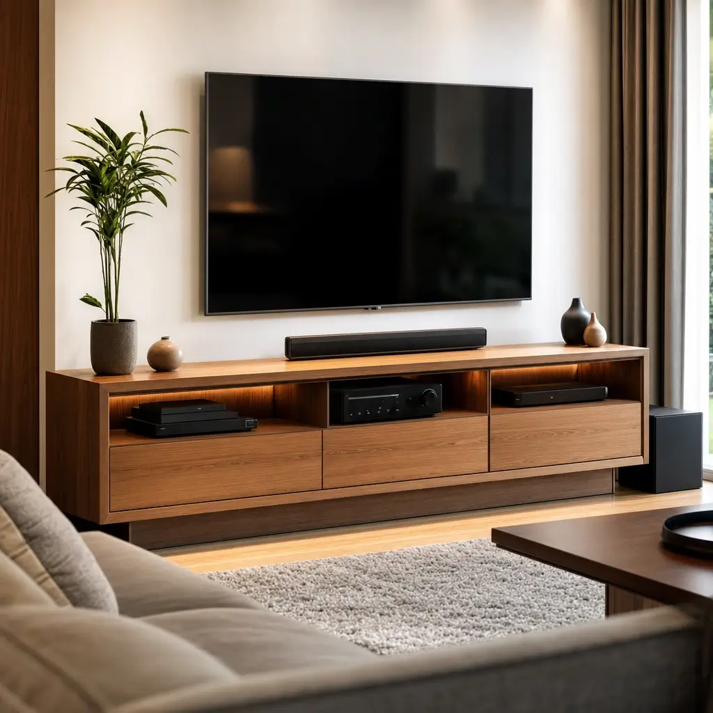 Rack para TV: como escolher o tamanho certo, TV na parede e rack de madeira com eletrônicos