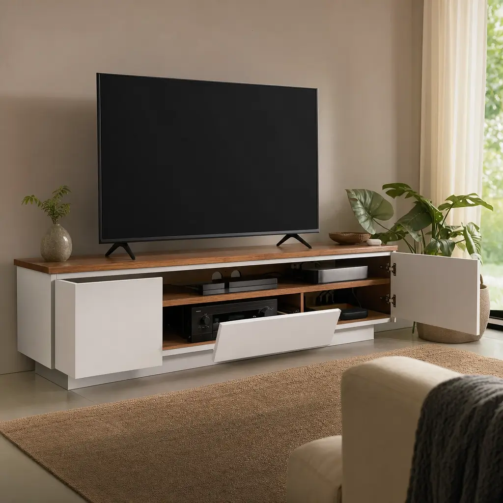 Rack para TV: como escolher o tamanho certo, TV sobre rack branco com portas abertas