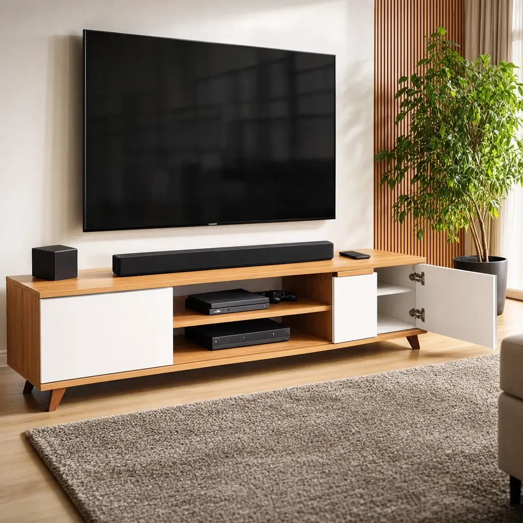 Rack para TV: como escolher o tamanho certo, rack de madeira com portas brancas e TV