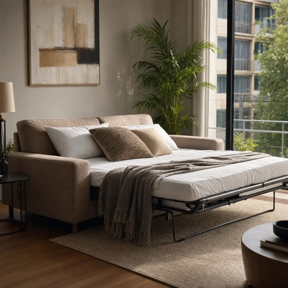 Sofá cama vale a pena: tipos e medidas, sofá-cama aberto com almofadas e manta na sala, planta e janela grande
