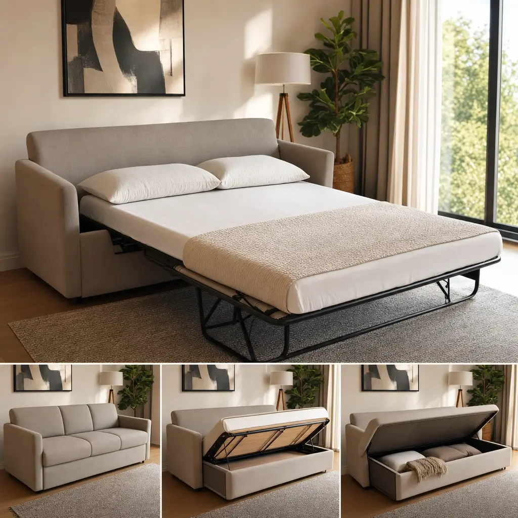 Sofá cama vale a pena: tipos e medidas, sofá-cama aberto e versão com baú no conjunto de fotos