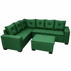 Sofa De Canto Alemanha 6 Lugares Com Puff E Almofadas Soltas Tecido Linho Uniao Verde 55246