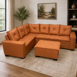 Sofa De Canto Alemanha Em Veludo 6 Lugares Com Puff E Almofadas Soltas Uniao 88546