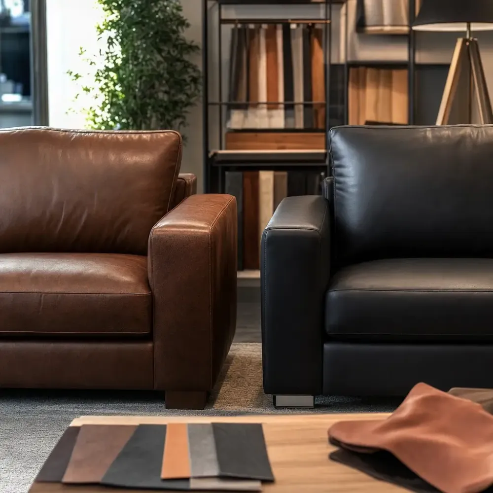 Sofá de couro ou courino: qual dura mais? sofá marrom e preto com amostras