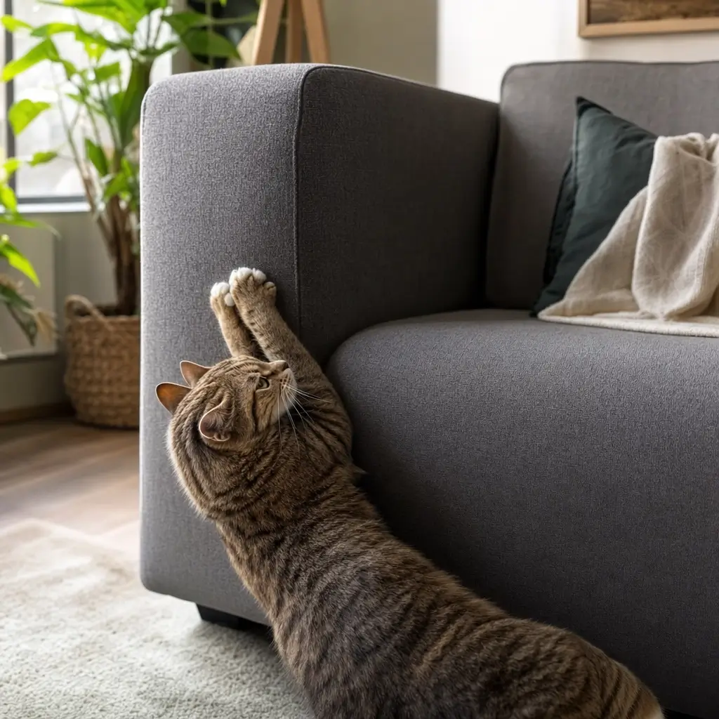 Sofá para quem tem gato: melhor tecido e cuidados, gato arranhando sofá cinza
