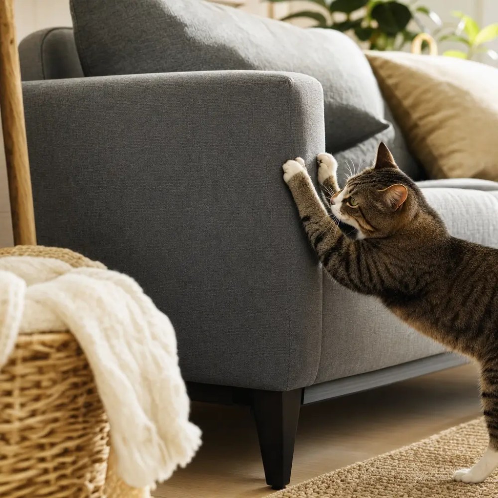 Sofá para quem tem gato: melhor tecido e cuidados, gato arranhando sofá cinza