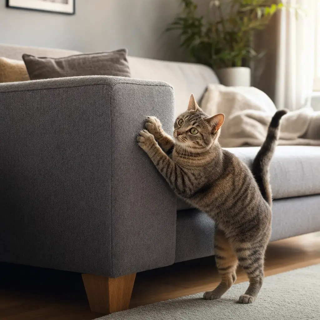 Sofá para quem tem gato: melhor tecido e cuidados, gato arranhando sofá cinza