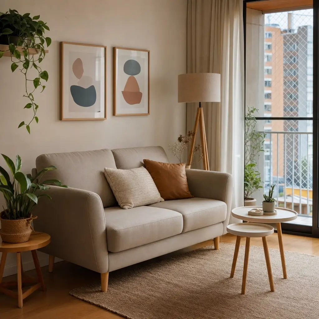 Sofá pequeno para sala pequena: medidas que cabem, sofá bege com mesa lateral, tapete e plantas perto da janela