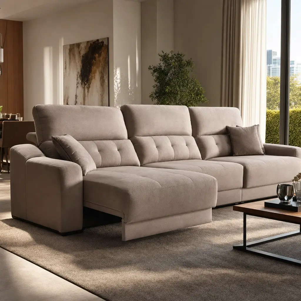 Sofá retrátil e reclinável: como escolher o tamanho, sofá bege com chaise, tapete e mesa de centro na sala
