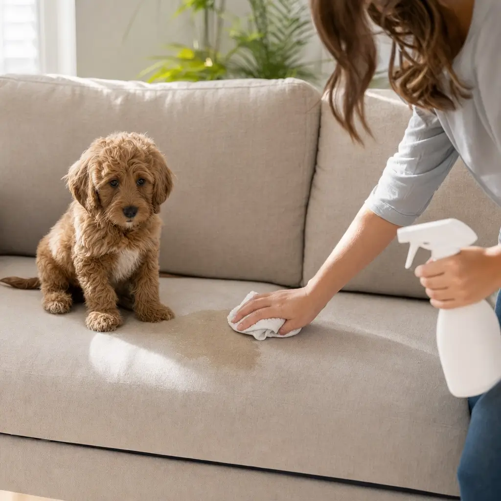Xixi de pet no sofá: como limpar sem manchar, filhote e mão limpando mancha em sofá bege