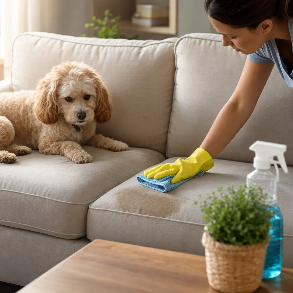 Xixi de pet no sofá: como limpar sem manchar, mão limpando mancha no sofá bege, cachorro deitado ao lado