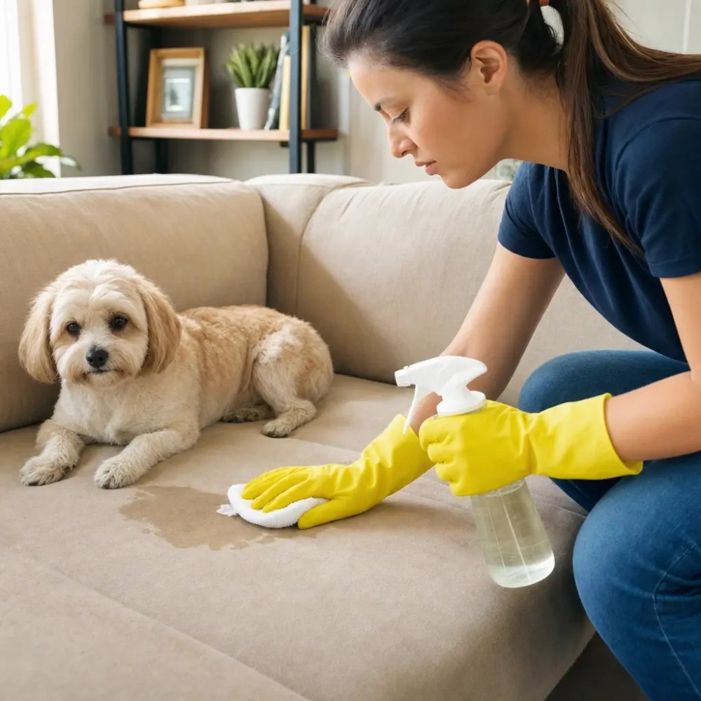 Xixi de pet no sofá: como limpar sem manchar, mulher limpando mancha em sofá bege, cachorro ao lado