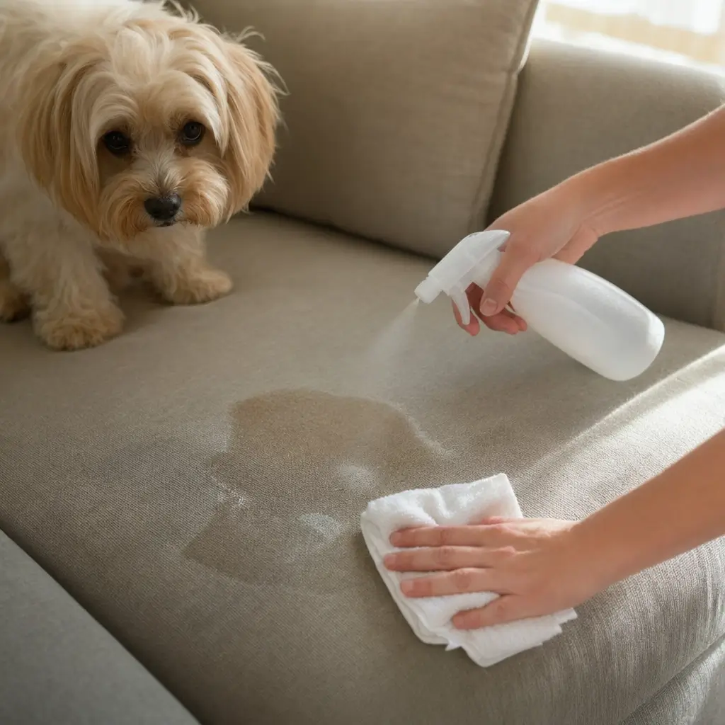 Xixi de pet no sofá: como limpar sem manchar, spray e pano na mancha, cachorro olhando