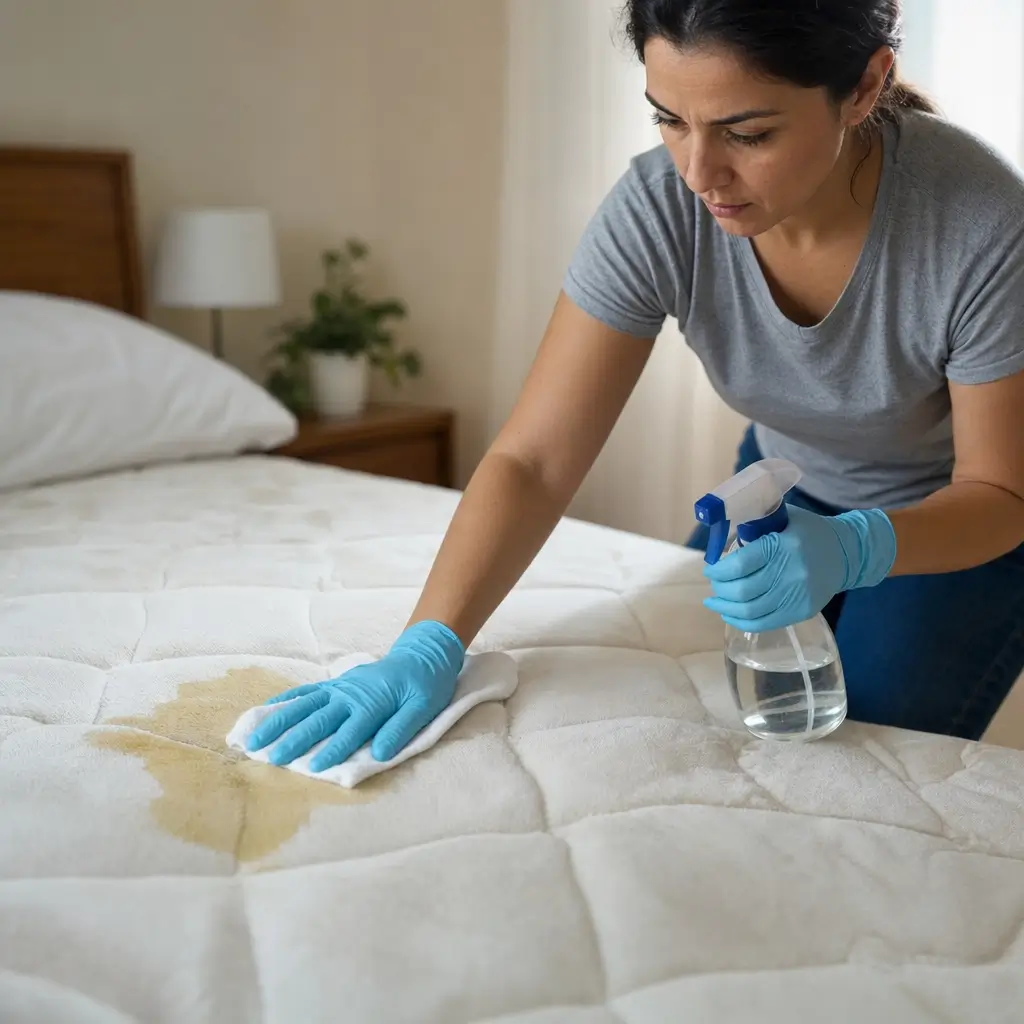 Xixi no colchão: como limpar sem manchar, mulher com luvas limpando mancha com pano e spray