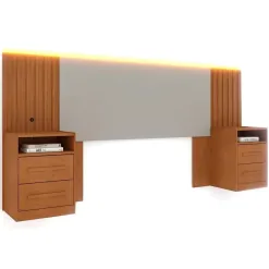 Cabeceira Tcil Casal Queen Ripado Com Led E 2 Mesas De Cabeceira Cinamomo Off White 68085