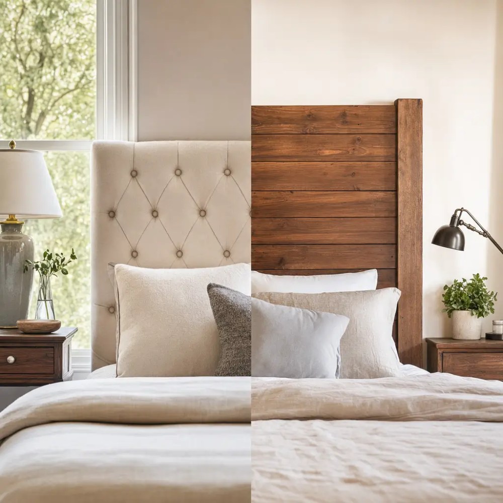 Cabeceira estofada ou de madeira: qual dura mais? cabeceiras lado a lado na cama