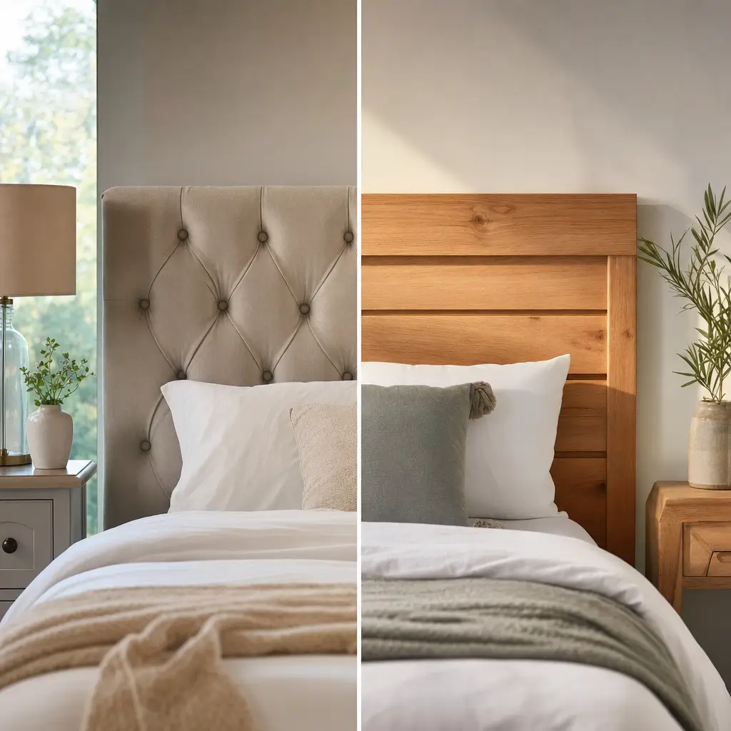 Cabeceira estofada ou de madeira: qual dura mais? cama com cabeceira estofada e cabeceira de madeira