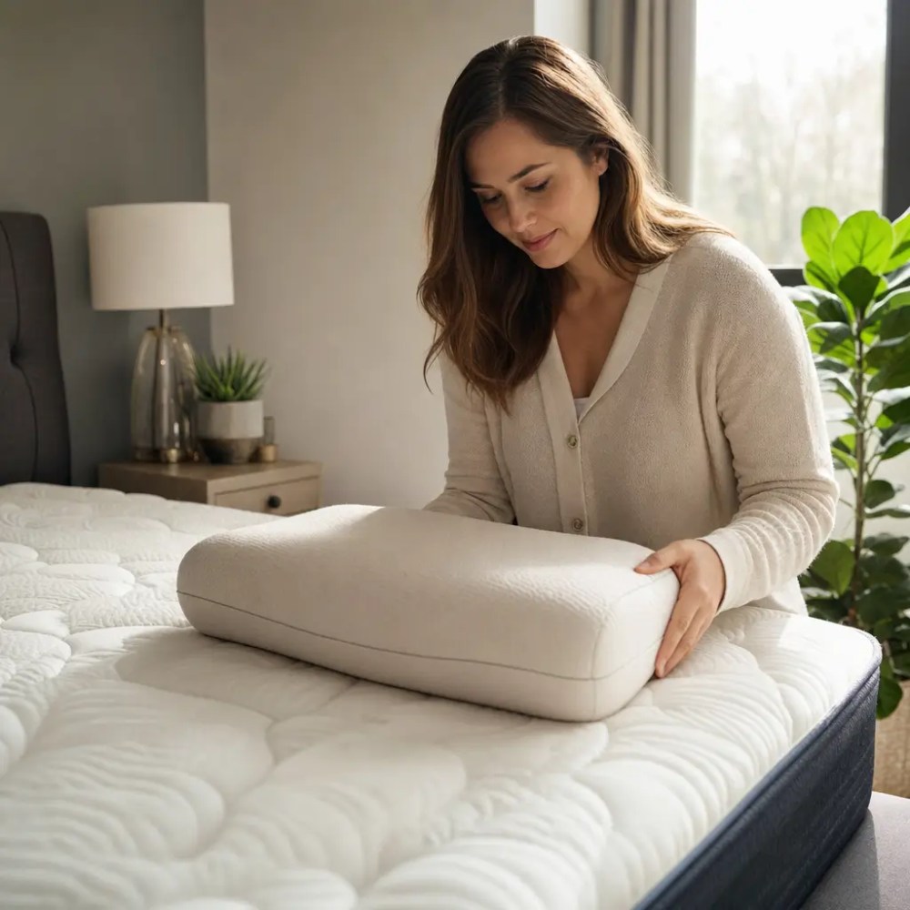 Colchão para dor no pescoço: como escolher sem errar, mulher ajustando colchão branco na cama
