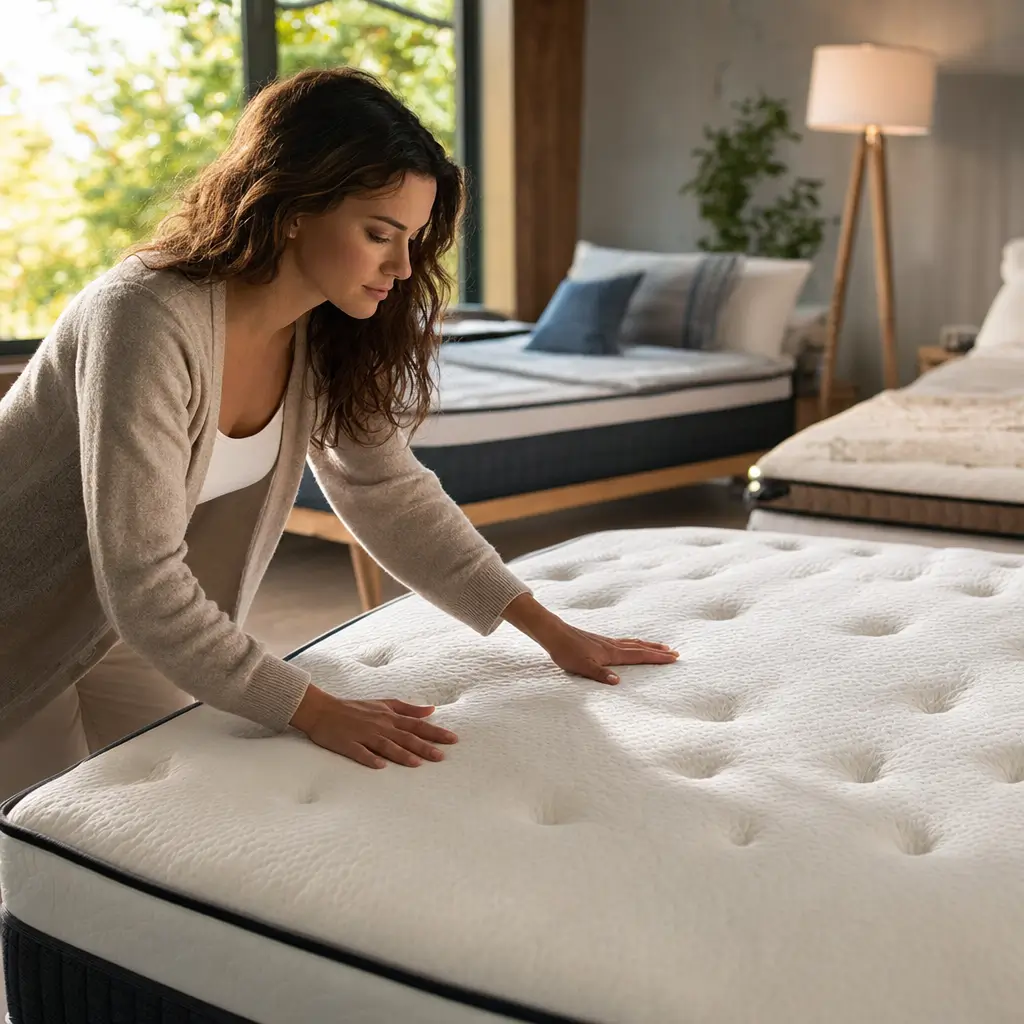 Colchão para dormir quente: o que procurar mulher testando colchão branco na sala
