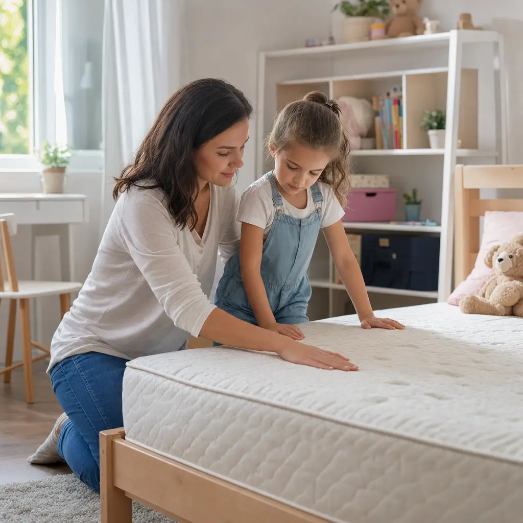 Como escolher colchão para criança: tamanho e firmeza, mãe e filha testando colchão no quarto infantil