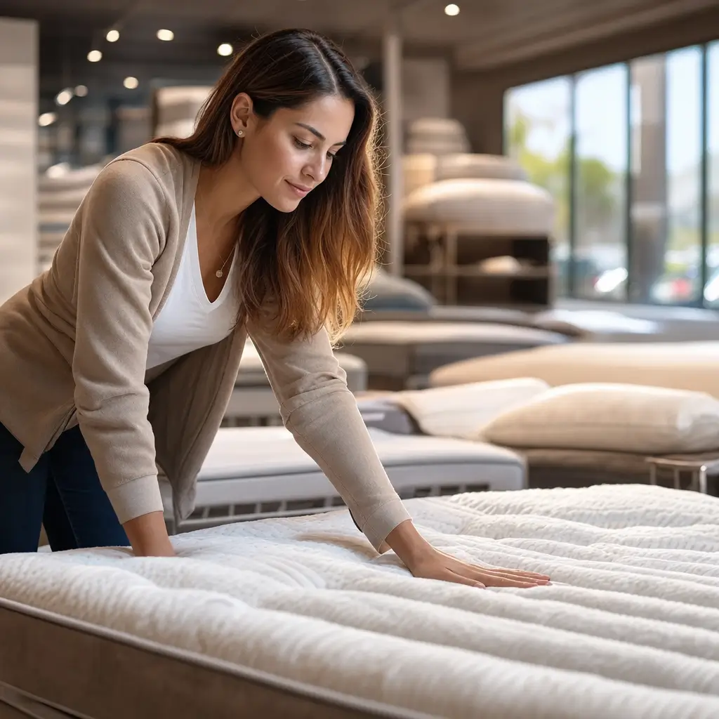 Como escolher colchão para dormir melhor mesmo sem saber dormir certo mulher testando colchão em loja