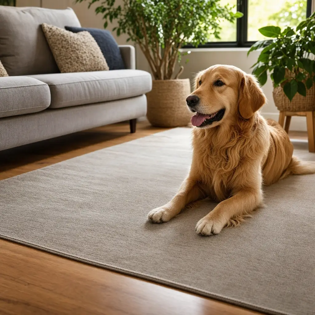 Como escolher tapete para sala com cachorro: o que não prende pelo cachorro amarelo no tapete cinza na sala