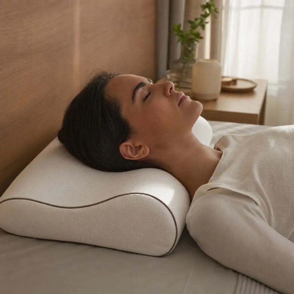 Como escolher travesseiro para dor cervical: altura firmeza mulher dormindo com travesseiro ergonômico