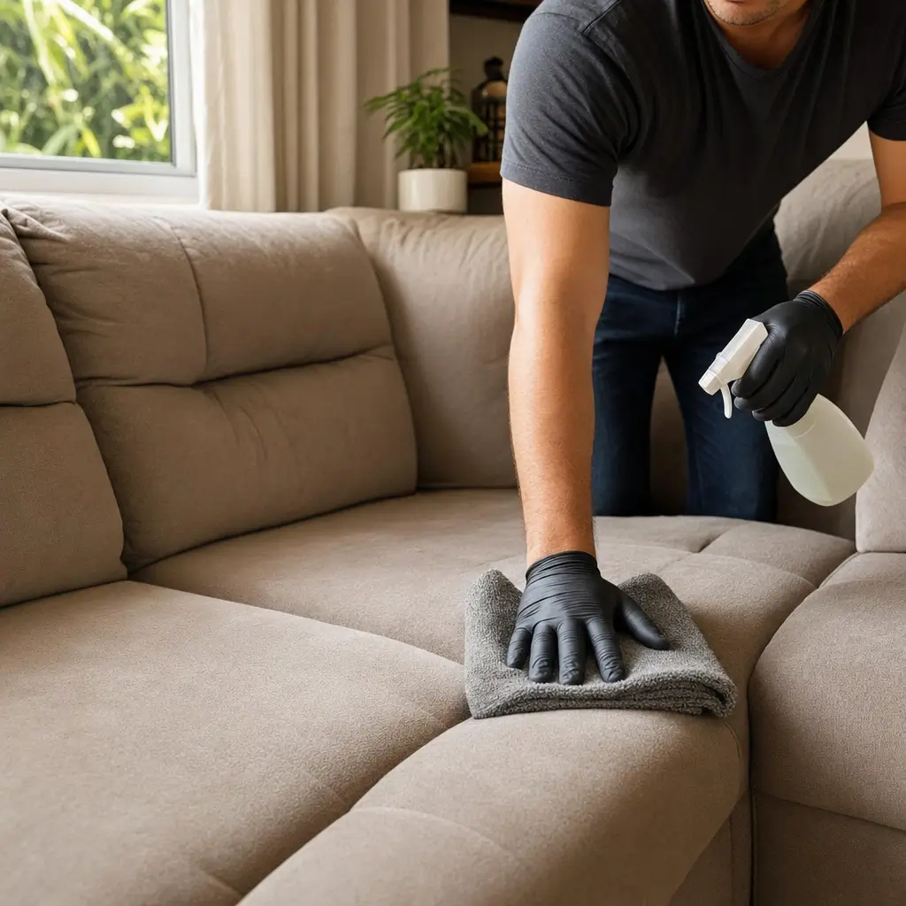 Como limpar sofá de microfibra sem deixar manchas e sem encharcar homem limpando sofá de microfibra com spray e pano
