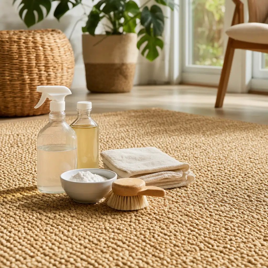 Como limpar tapete de sisal sem danificar: frascos e escova no tapete