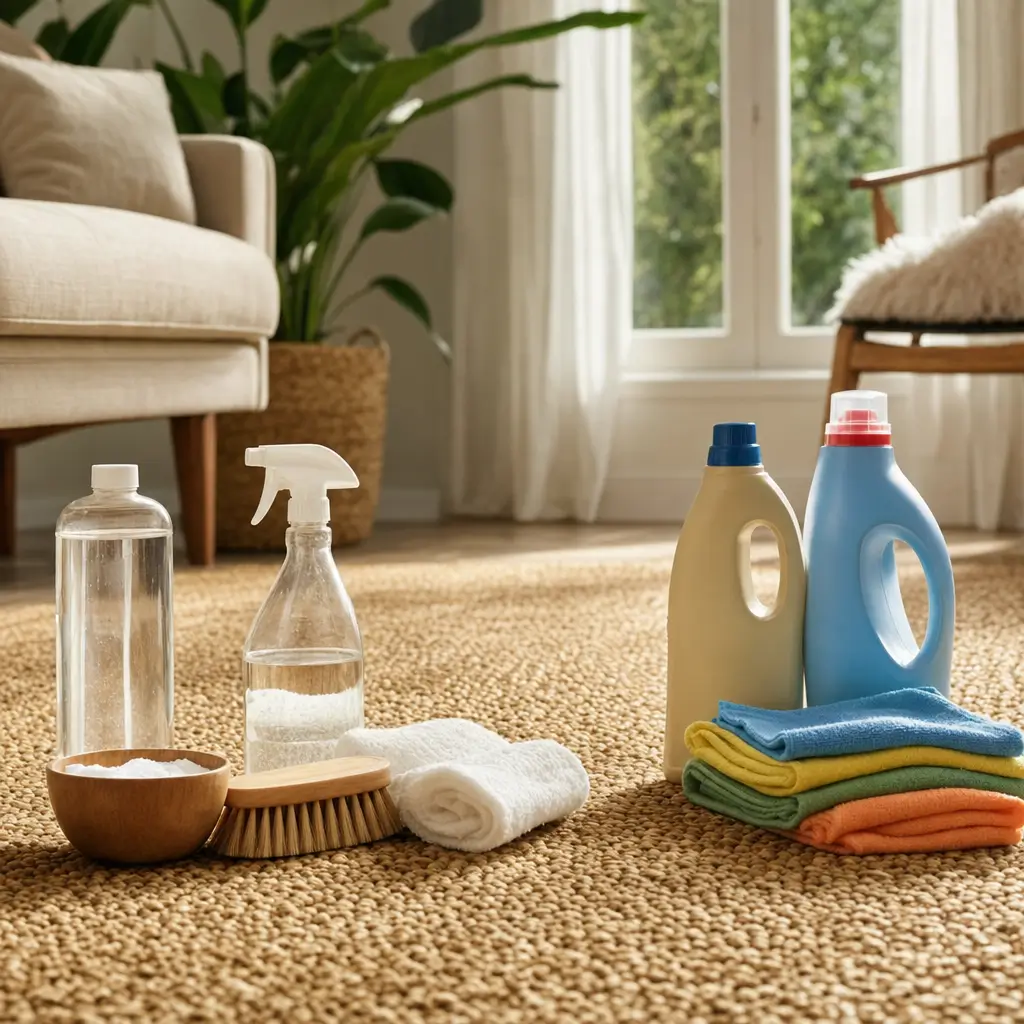 Como limpar tapete de sisal sem danificar: frascos e panos sobre tapete de sisal