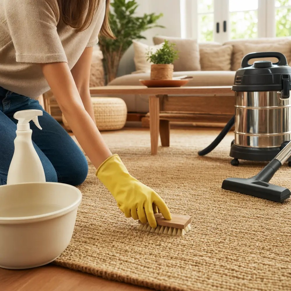 Como limpar tapete de sisal sem danificar: tapete sendo escovado com spray e aspirador