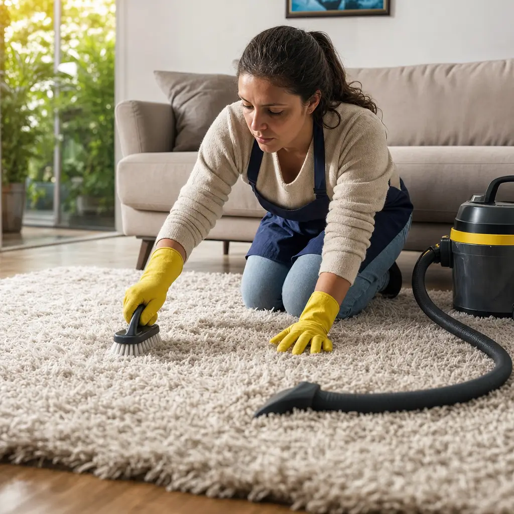 Como limpar tapete felpudo: como fazer em casa mulher escovando tapete felpudo com aspirador