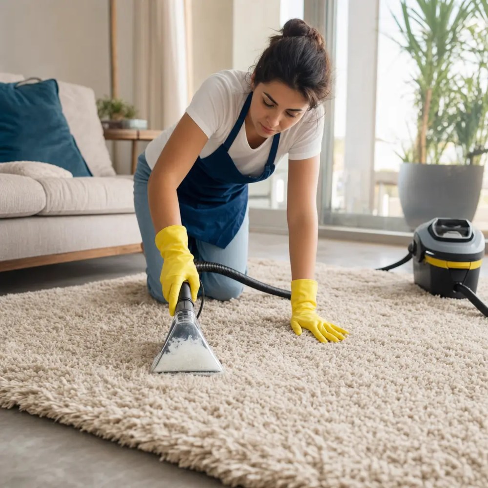 Como limpar tapete felpudo: como fazer em casa mulher limpando tapete felpudo com aspirador