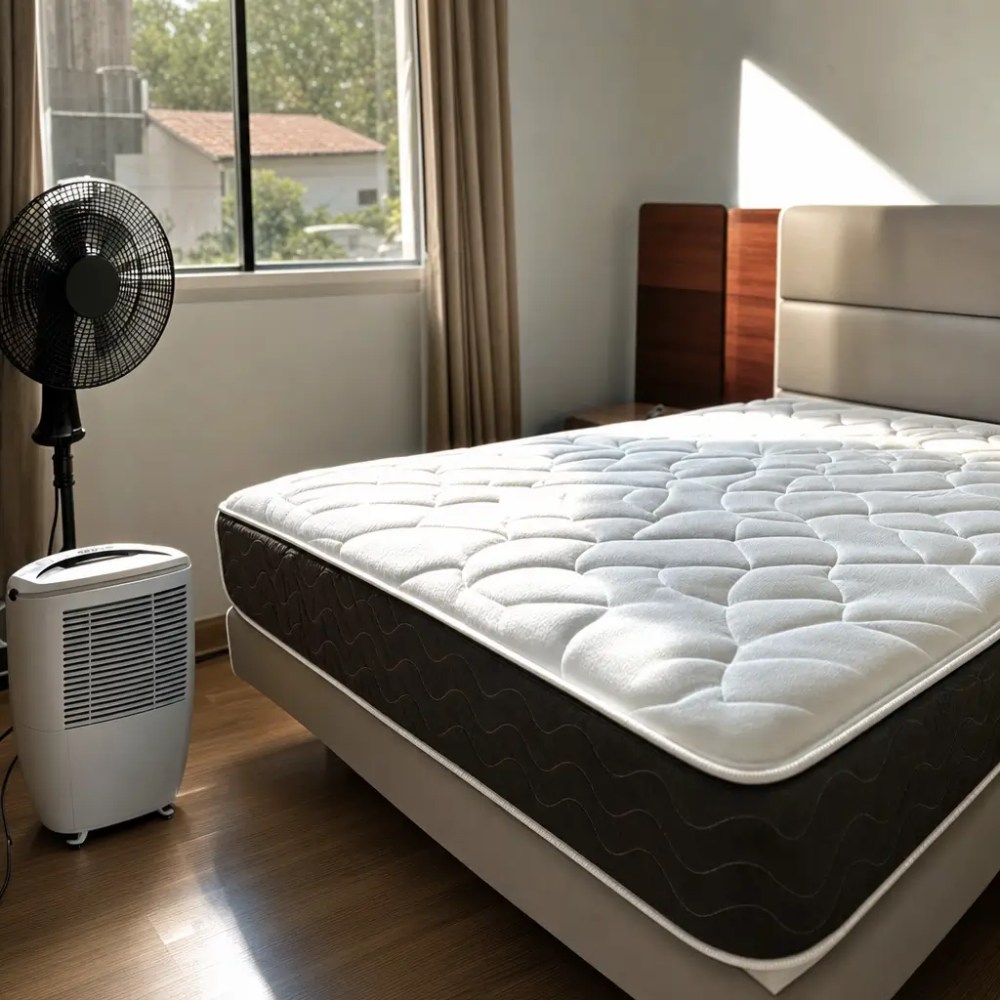 Como secar colchão molhado rápido sem dar mofo: colchão com ventilador e desumidificador na sala