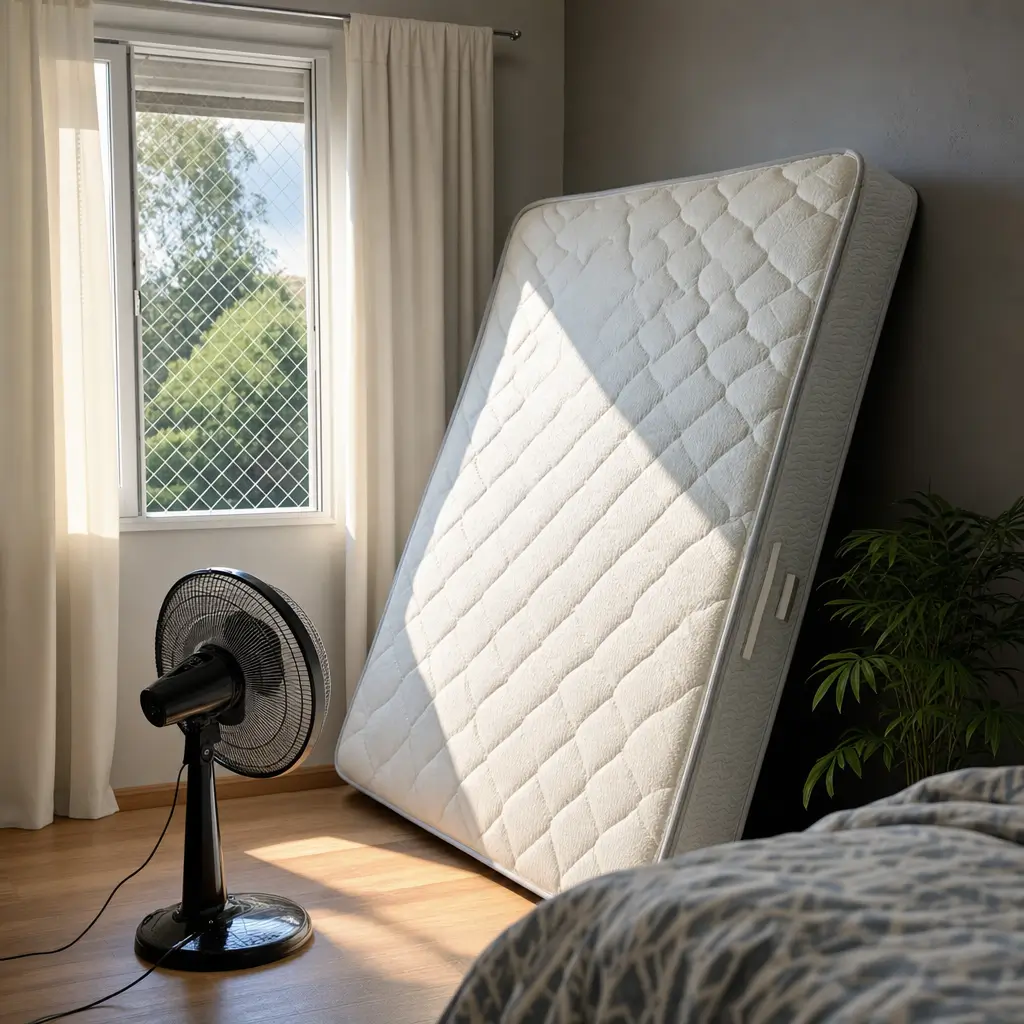 Como secar colchão molhado rápido sem dar mofo: colchão secando com ventilador ao lado da janela