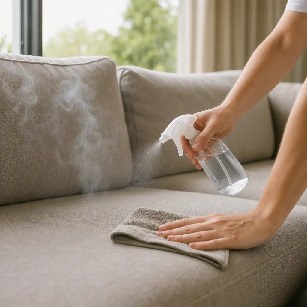 Como tirar cheiro de cigarro do sofá sem encardir: spray e pano no sofá bege com fumaça leve