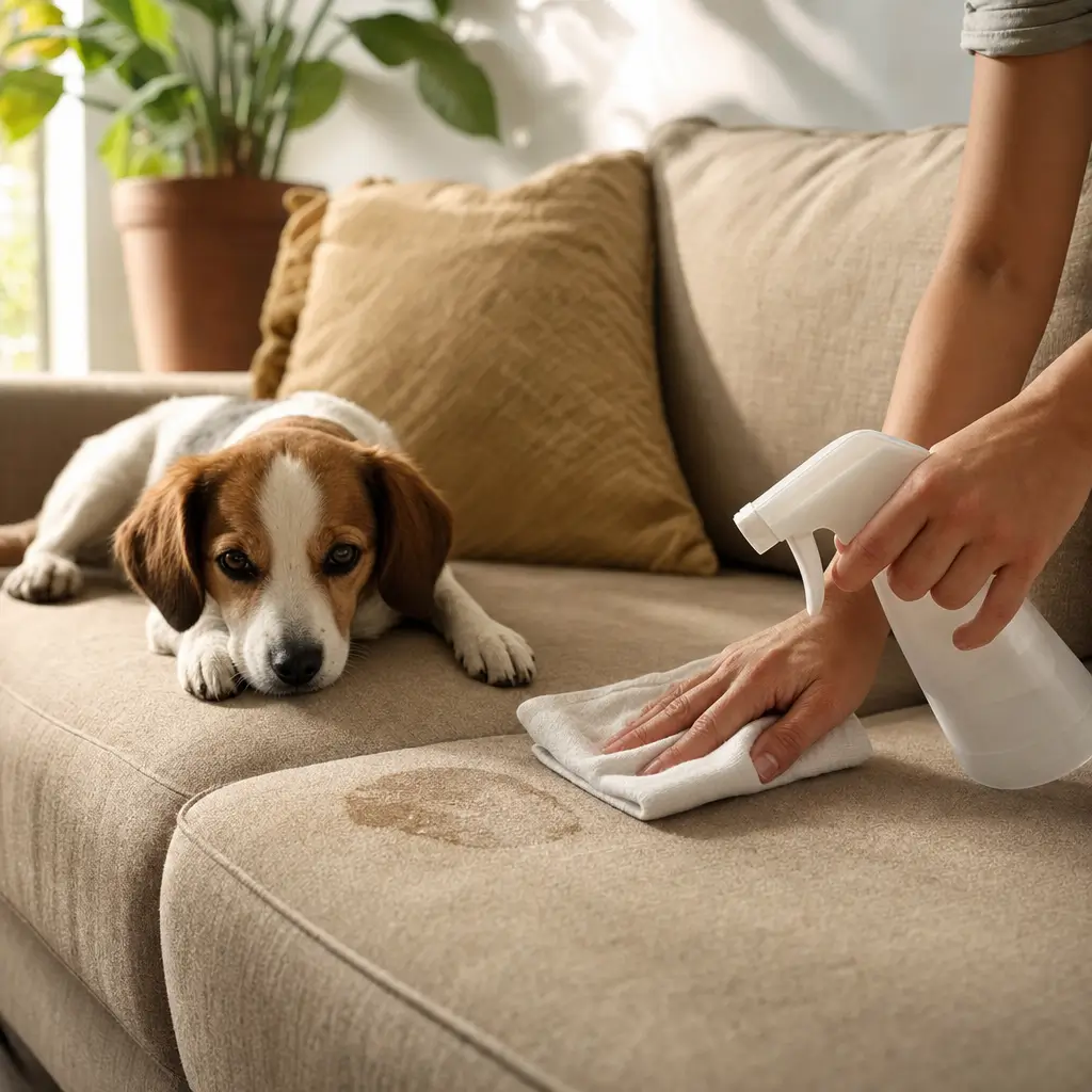 Como tirar cheiro de urina de pet do sofá sem encharcar: cachorro no sofá e limpeza com spray e pano