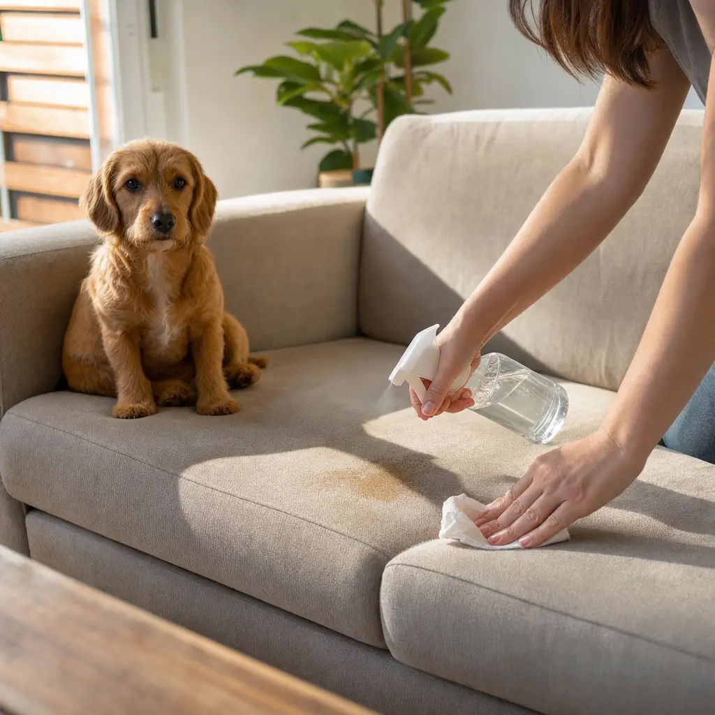 Como tirar cheiro de urina de pet do sofá sem encharcar: cão no sofá e borrifador com pano