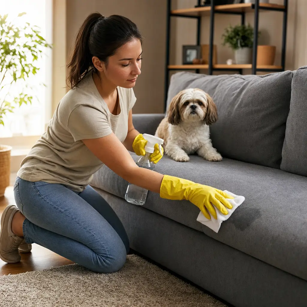 Como tirar cheiro de urina de pet do sofá sem encharcar: mulher limpando o sofá com pano e cachorro sentado