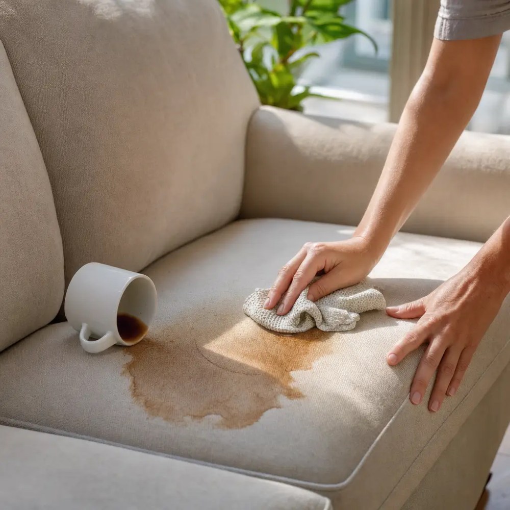 Como tirar mancha de café do sofá sem espalhar mãos limpando mancha no sofá bege com pano